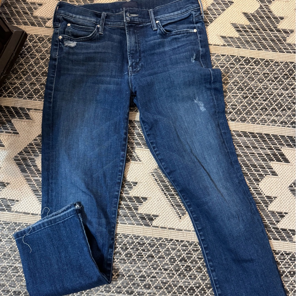 MOTHER Dark Blue Ankle Step Cut Cropped Jeans